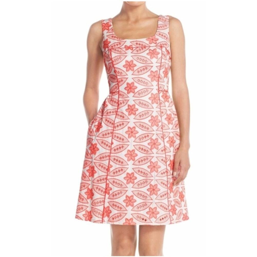 Adrianna Papell Sz 6 all-over embroidered fit and flare eyelet coral pink dress